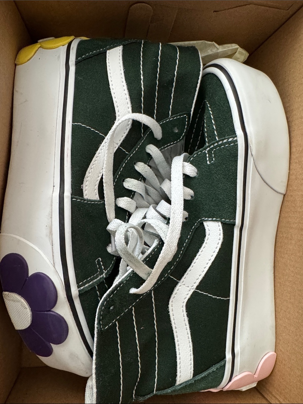 Vans Dark Green Canvas High-Top Sneakers with White Stripe and Floral Accents